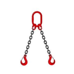 Double leg G80 alloy steel chain sling with integrated shortening clutches and standard safety hooks, fully certified for industrial overhead lifting